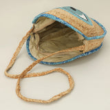 Beaded Evil Eye Accent Round Raffia Braided Crossbody Bag