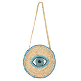 Beaded Evil Eye Accent Round Raffia Braided Crossbody Bag