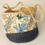 Floral Pattern Two Tone Woven Straw Shoulder Bag / Tote Bag
