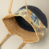 Floral Pattern Two Tone Woven Straw Shoulder Bag / Tote Bag