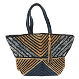 Chevron Woven Wooden Tassel Straw Tote Bag