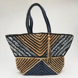 Chevron Woven Wooden Tassel Straw Tote Bag