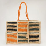 Woven Color Block Stripe Wooden Tassel Straw Tote Bag