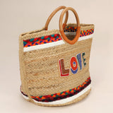 Seed Beaded LOVE Message Pointed Wooden Handle Jute Handbag