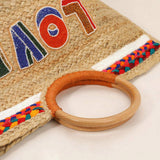 Seed Beaded LOVE Message Pointed Wooden Handle Jute Handbag