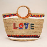 Seed Beaded LOVE Message Pointed Wooden Handle Jute Handbag