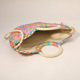 Multi Color Weave Round Handle Handwoven Natural Straw Handbag