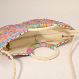 Multi Color Weave Round Handle Handwoven Natural Straw Handbag