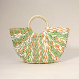 Multi Color Weave Round Handle Handwoven Natural Straw Handbag