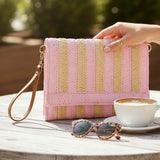 Striped Woven Foldover Wristlet Clutch Crossbody Bag