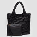 Faux Leather Braided Top Handle Tote Bag with Pouch