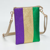 Women's Glittered Vertical Strip Mardi Gras Flat Mini Crossbody Bag