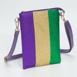 Women's Glittered Vertical Strip Mardi Gras Flat Mini Crossbody Bag