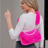 Pearl Handle Accent Faux Fur Crossbody Bag