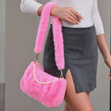 Pearl Handle Accent Faux Fur Crossbody Bag