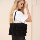 Layered Ruffle Front Fabric Shoulder Tote Bag