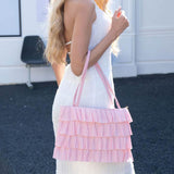 Layered Ruffle Front Fabric Shoulder Tote Bag