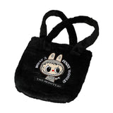 Monster Bunny Character Embroidered Faux Fur Plush Tote Bag
