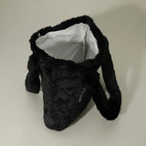 Monster Bunny Character Embroidered Faux Fur Plush Tote Bag