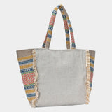 Evil Eye Seed Beaded Pointed Fringe Trim Ethnic Jute Tote Bag