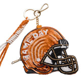 TEXANS GAME DAY Football Helmet Sequin Seed Beaded Knot Keychain Mini Pouch Bag