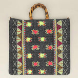 Handwoven Embroidery Boho Pattern Bamboo Handle Tote / Crossbody Bag