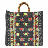 Handwoven Embroidery Boho Pattern Bamboo Handle Tote / Crossbody Bag