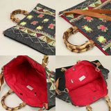 Handwoven Embroidery Boho Pattern Bamboo Handle Tote / Crossbody Bag