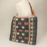 Handwoven Embroidery Boho Pattern Bamboo Handle Tote / Crossbody Bag