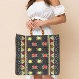 Handwoven Embroidery Boho Pattern Bamboo Handle Tote / Crossbody Bag