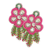 Felt Back Sequin Stone Seed Beaded Flower Leaf Earrings