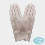 Bow Pearl Dangle Pointed Faux Suede Smart Touch Gloves