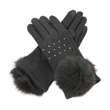 Faux Fur Cuff Pom Rhinestone Embellished Smart Touch Winter Gloves