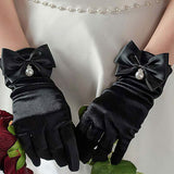 Dressy Satin Feel Pearl Charm Bow Accent Gloves