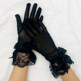 Dressy Sheer Lace Satin Bow Trim Gloves