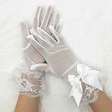 Dressy Sheer Lace Satin Bow Trim Gloves