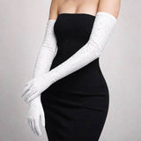 Stone Embellished Dressy Satin Opera Length Wedding Gloves