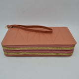 Geometric Stitched Double Zipper Wallet with Wristlet Strap