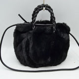 Plush Faux Fur Bucket Handbag with Braided Handles and Long Strap