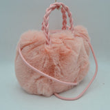 Plush Faux Fur Bucket Handbag with Braided Handles and Long Strap