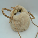 Plush Faux Fur Bucket Handbag with Braided Handles and Long Strap