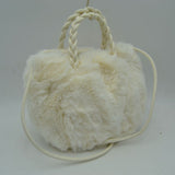 Plush Faux Fur Bucket Handbag with Braided Handles and Long Strap