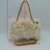Plush Faux Fur Handbag with Pearl Bead Accent and Dual Straps