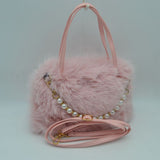 Plush Faux Fur Handbag with Pearl Bead Accent and Dual Straps