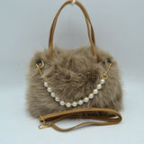 Plush Faux Fur Handbag with Pearl Bead Accent and Dual Straps
