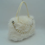 Plush Faux Fur Handbag with Pearl Bead Accent and Dual Straps