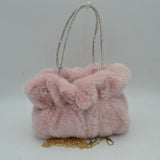 Plush Faux Fur Handbag with Rhinestone Handles and Chain Strap