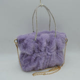Plush Faux Fur Handbag with Rhinestone Handles and Chain Strap