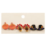 3Pairs - Enamel Thanksgiving Turkey Pumpkin Hat Stud Earring Set