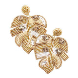 Felt Back Stone Embellished Seed Beaded Leaf Dangle Earring